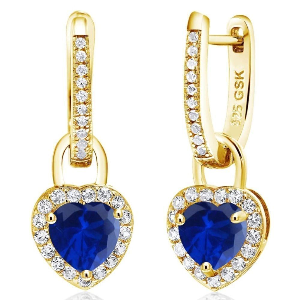 18K Yellow Gold 925 2.10 Cttw Blue Sapphire and White Sapphire Heart Earrings